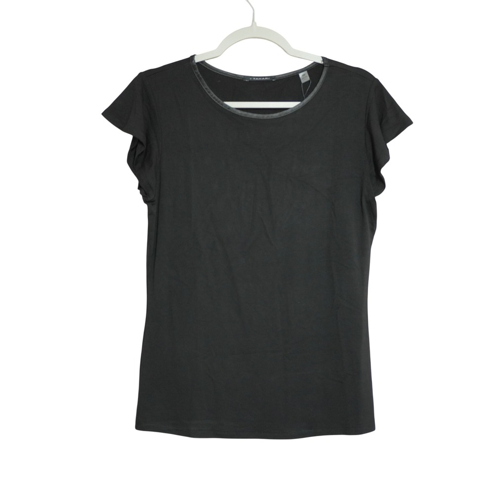 T Tahari Casual Black Flutter Sleeve Crew Neck Viscose Blend Top Normcore Fitted